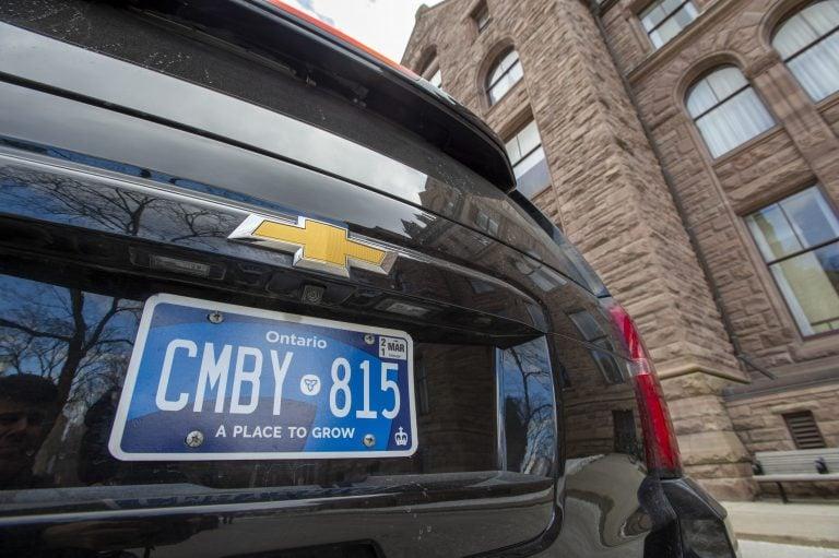 One of Ontario Premier Doug Ford's vehicles sits parked at the Ontario Legislature sporting a new licence plate in Toronto on Feb. 20. (CP/Frank Gunn)