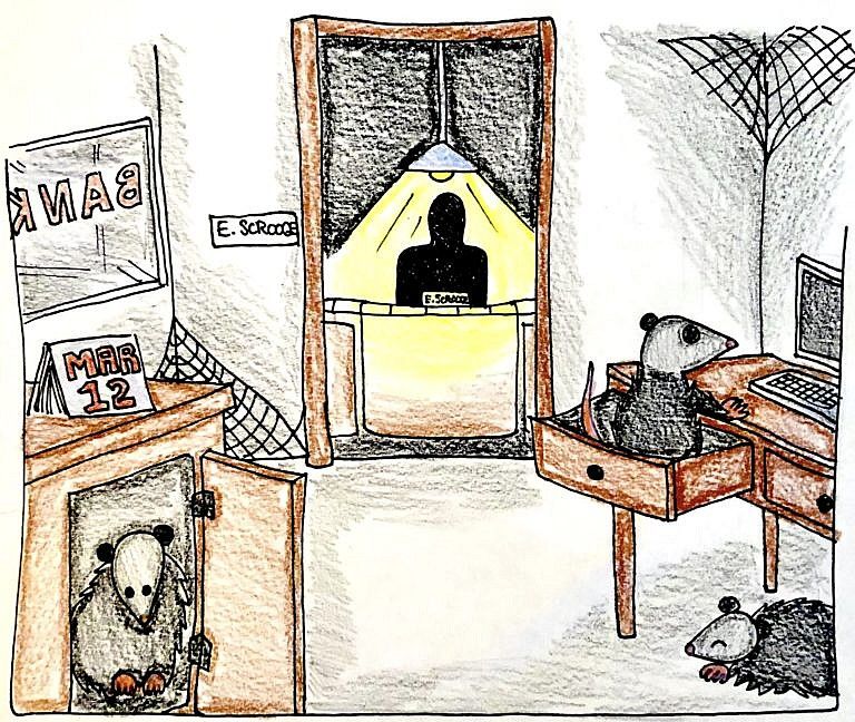 An illustration of E. Scrooge's office as possums sit in his desk drawers