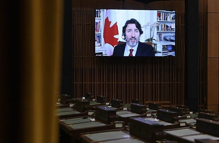 Trudeau appears at Question Period virtually during a sitting of the House of Commons on Feb. 3, 2021 (CP/Adrian Wyld)