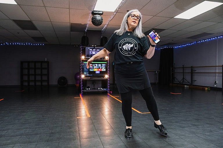 Owner of The Workshop Dance Studio, Nancy Morgan, gives a tap dance class via video in Kemptville Ontario, February 27 2021 (Photograph by Kaja Tirrul)