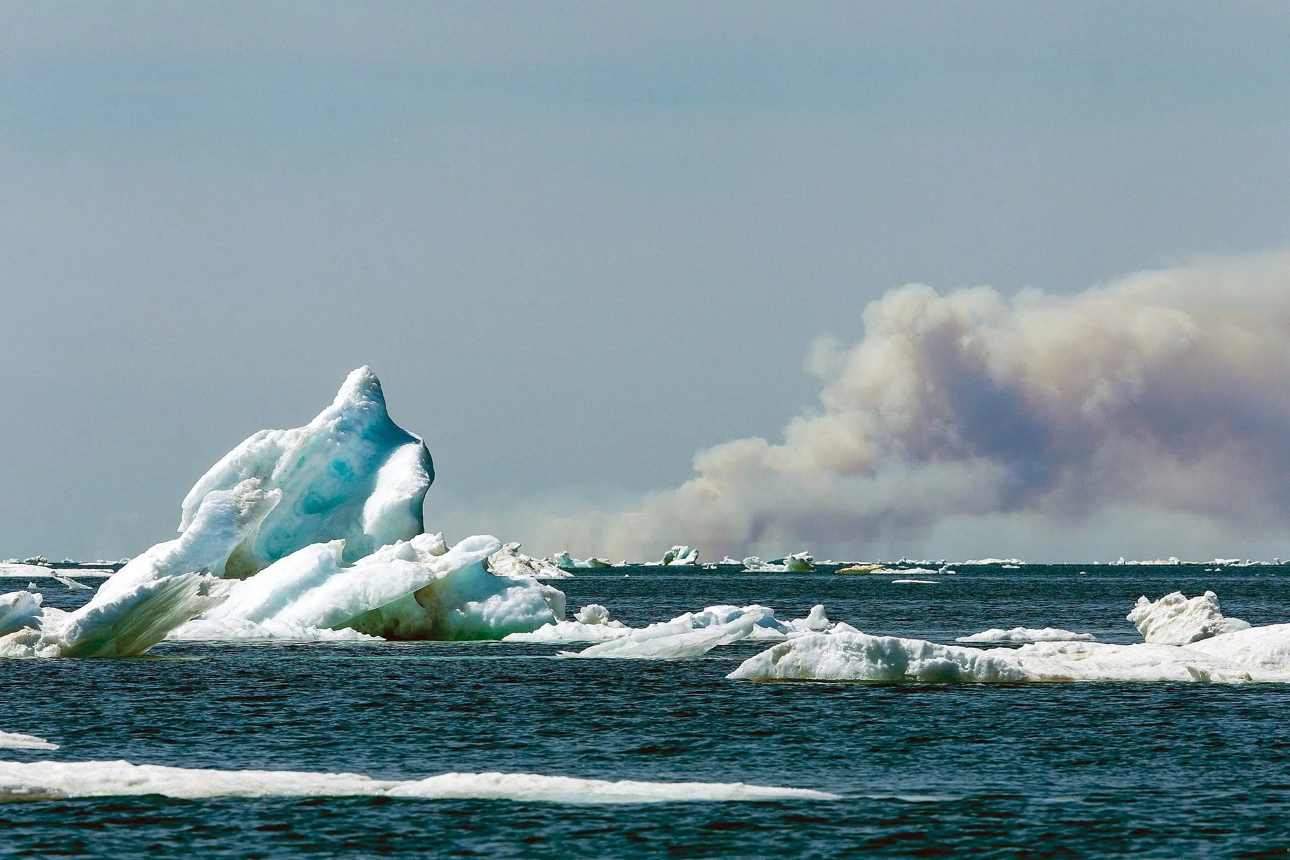 Manitoba: Wildfires in Canada have begun accelerating ice melt in Hudson Bay thanks to a feedback loop: soot, drifting from fires, settles on the surface of ice and darkens it, causing it to absorb more heat. In 2060, the Prairies will face water scarcity due to shrinking glaciers and snowpacks that feed the regionâs cities and farms.