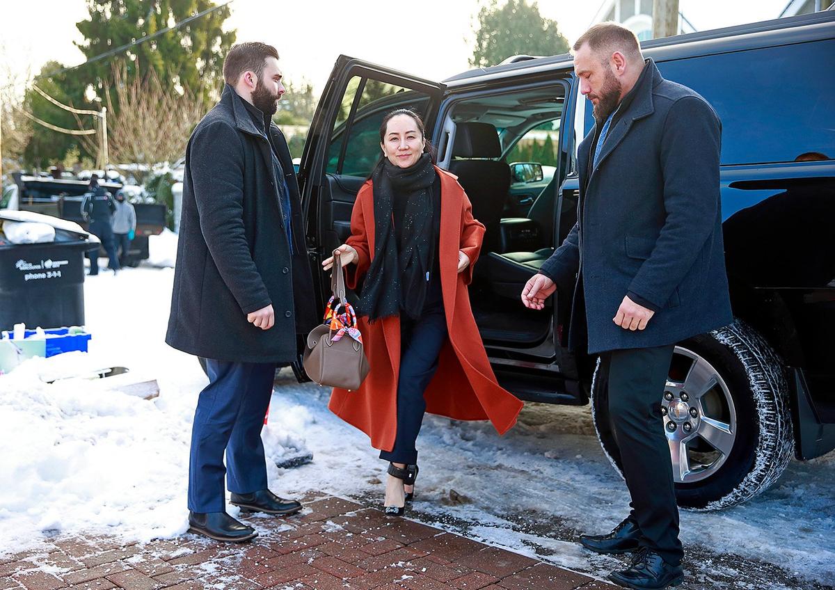 Meng returns to house arrest at her Vancouver mansion after a January 2020 court date (Jeff Vinnick/Getty Images)