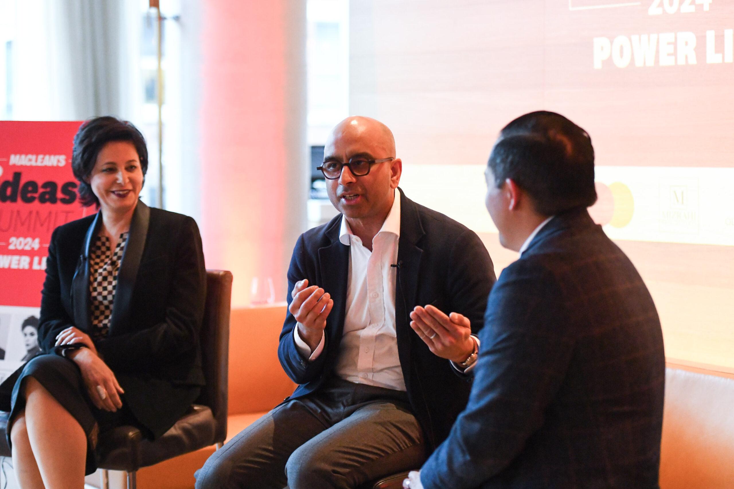Marie Henein, a prominent criminal defence lawyer, and Randy Boyagoda, vice-dean of the Faculty of Arts and Science at the University of Toronto, during the marquee panel hosted by Jason Maghanoy, publisher of Macleanâs