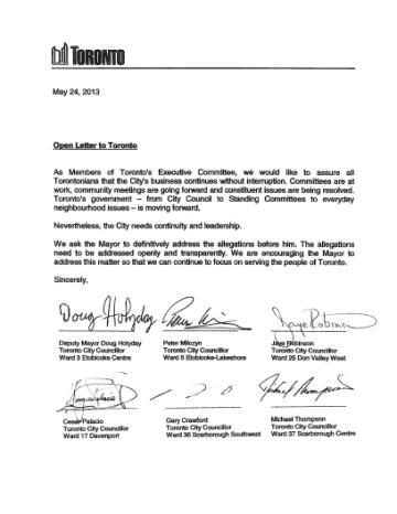 For the record: Text of Toronto's executive committee letter on Rob Ford