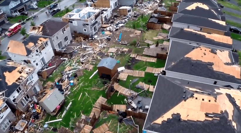 A drone's-eye view of the tornado aftermath in Angus, Ontario