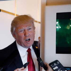 Donald Trump mad libs in front of a reporter with a recorder