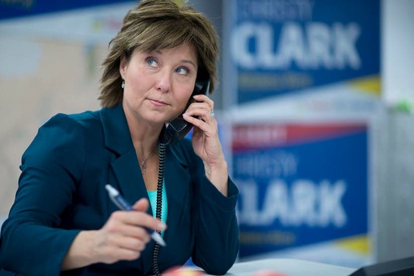 Liberal leader Christy Clark makes calls on the day of the B.C. Election 2017
