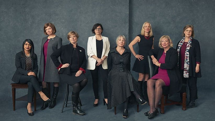 Left to right: Bardish Chagger, Karen Vecchio, Nikki Ashton, Patty Hajdu, Catherine McKenna, Marilyn Gladu, and Elizabeth May. (Photograph by Jessica Deeks)