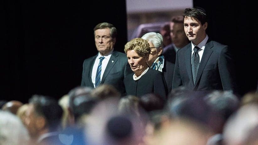 John Tory, Kathleen Wynne and Justin Trudeau at Barry and Honey Sherman’s funeral