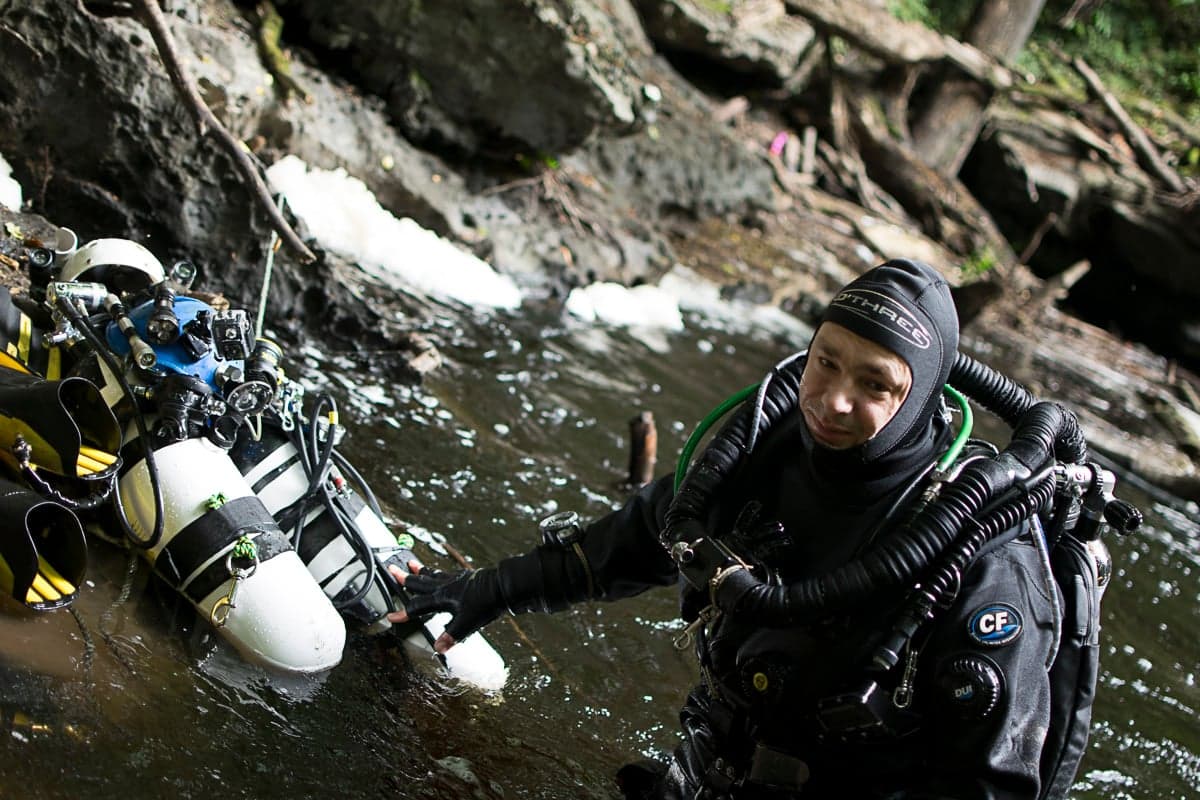 Jim Warny in Beagh River Sink, Ireland, where he did a lot of exploratory diving. (John Shmidt)