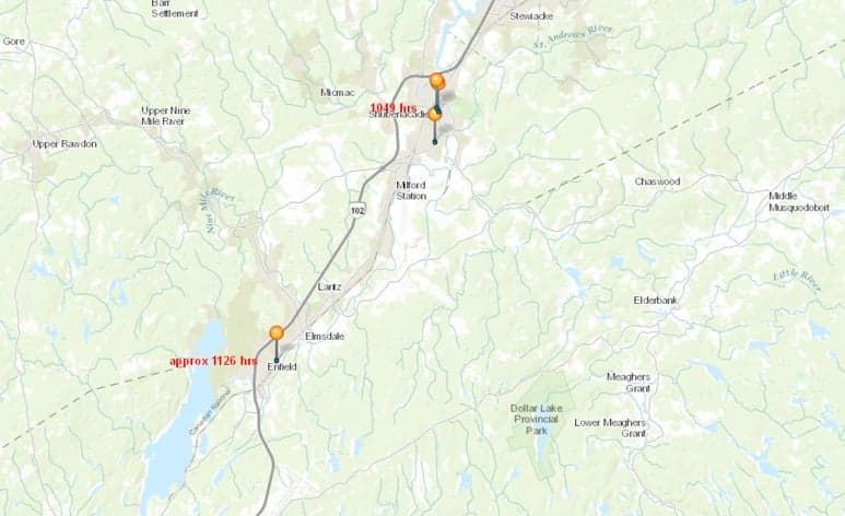 Markers depict locations where victims were found as well as the start time of the incident: Milford (10:49 am, April 19); Enfield (approximately 11:26 am, April 19) (RCMP)