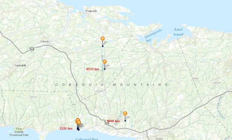 Markers depict locations where victims were found as well as the start time of each incident: Portapique (11:26 pm, April 18); Wentworth (9:35 am, April 19); Debert (10:06 am, April 19) (RCMP)