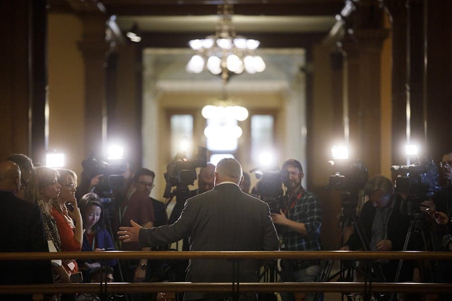 Doug Ford, Ontario's premier, speaks to members of the media about the coronavirus at Queens Park in Toronto, Ontario, Canada, on Wednesday, March 11, 2020. (Cole Burston/Bloomberg/Getty Images)
