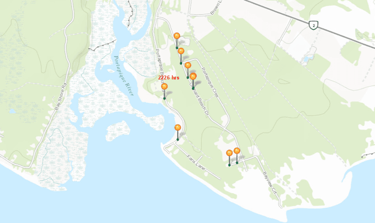 A closer view of the locations in Portapique, Nova Scotia where shooting incidents first occurred. Markers depict where victims were found. (RCMP)