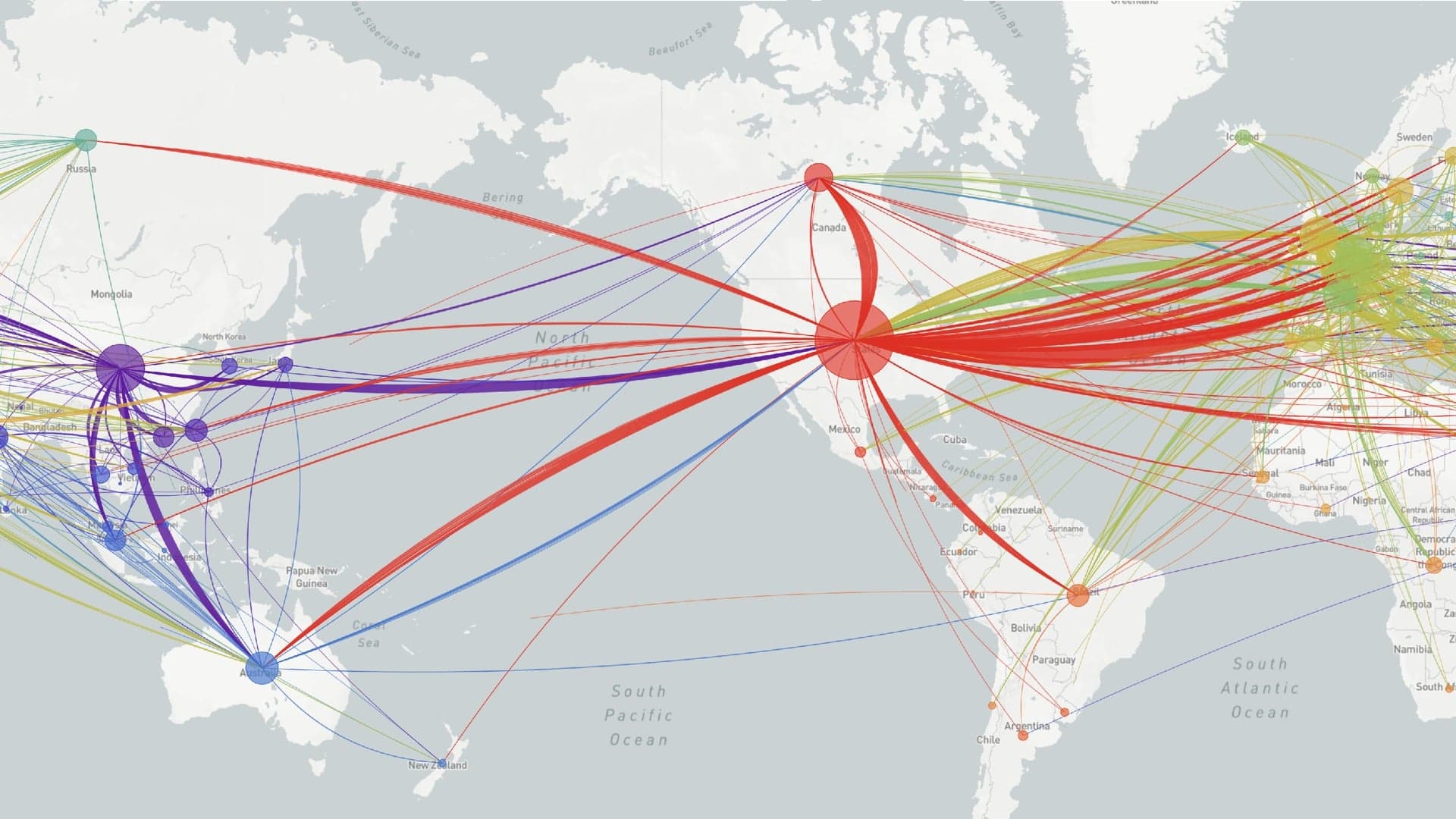 A snapshot from March 18 showing the pathways of the virus; Canada was effectively closed to travel, but many of the cases that came to this country travelled through the U.S. (Nextstrain)