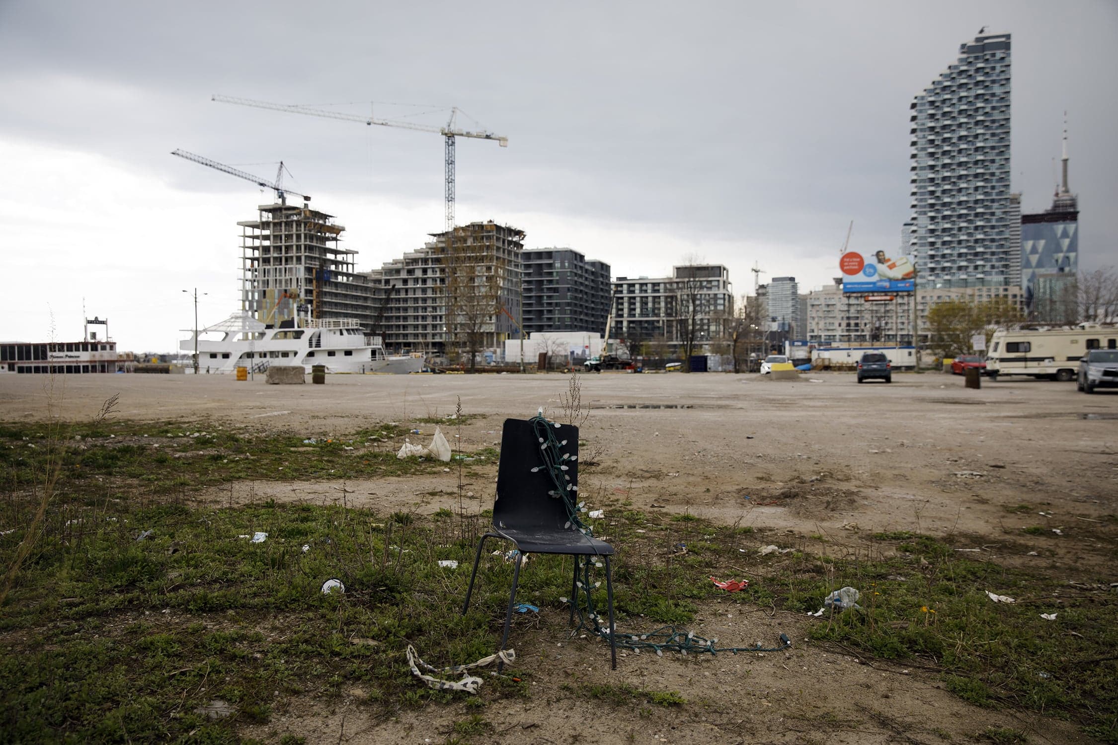 A discarded chair sits at the Sidewalk Labs proposed site in Toronto in May 2020 (Cole Burston/Bloomberg/Getty Images)