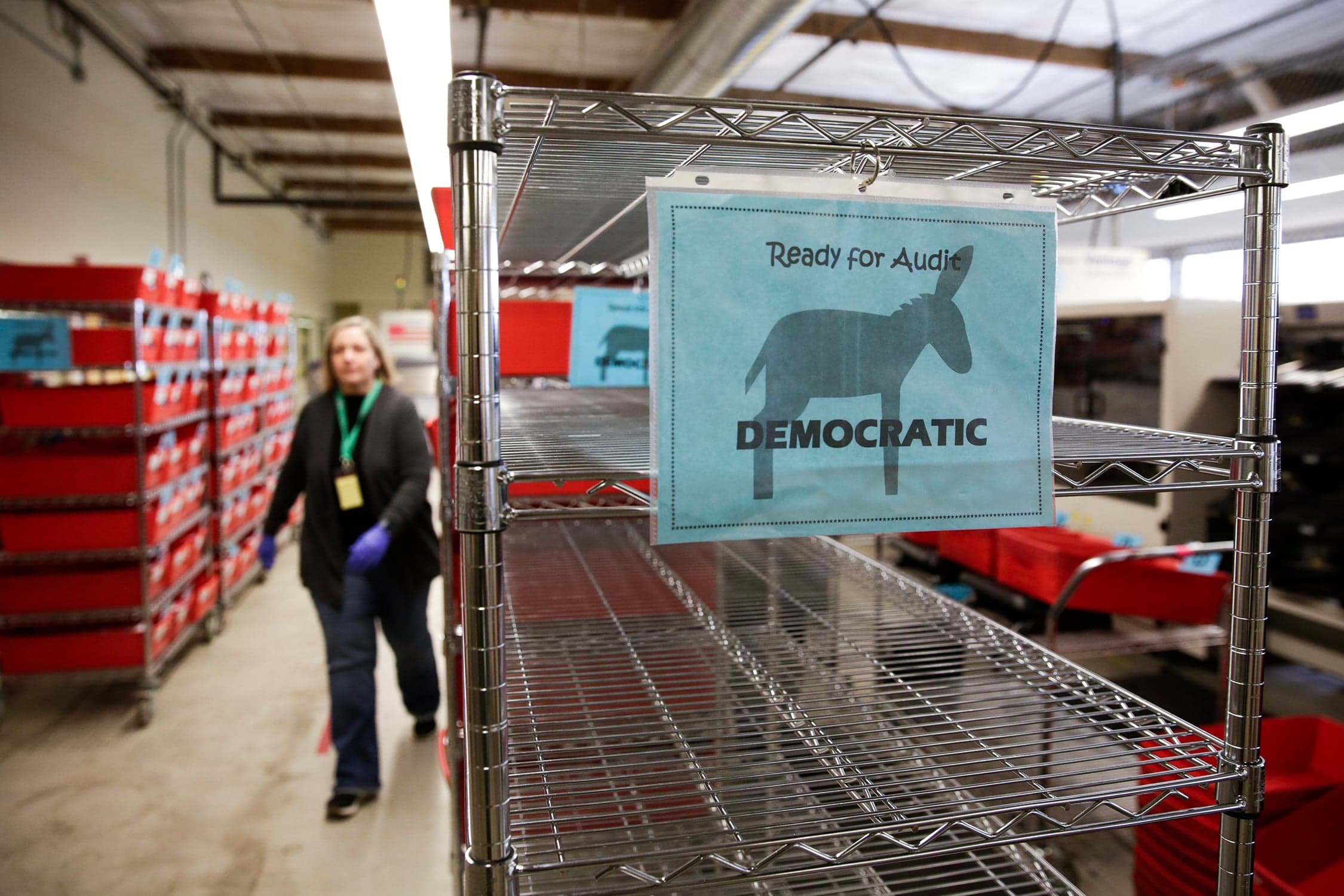 Shelves for Democratic vote-by-mail ballots for the presidential primary are pictured at King County Elections in Renton, Washington on March 10, 2020. (Jason Redmond/AFP/Getty Images)