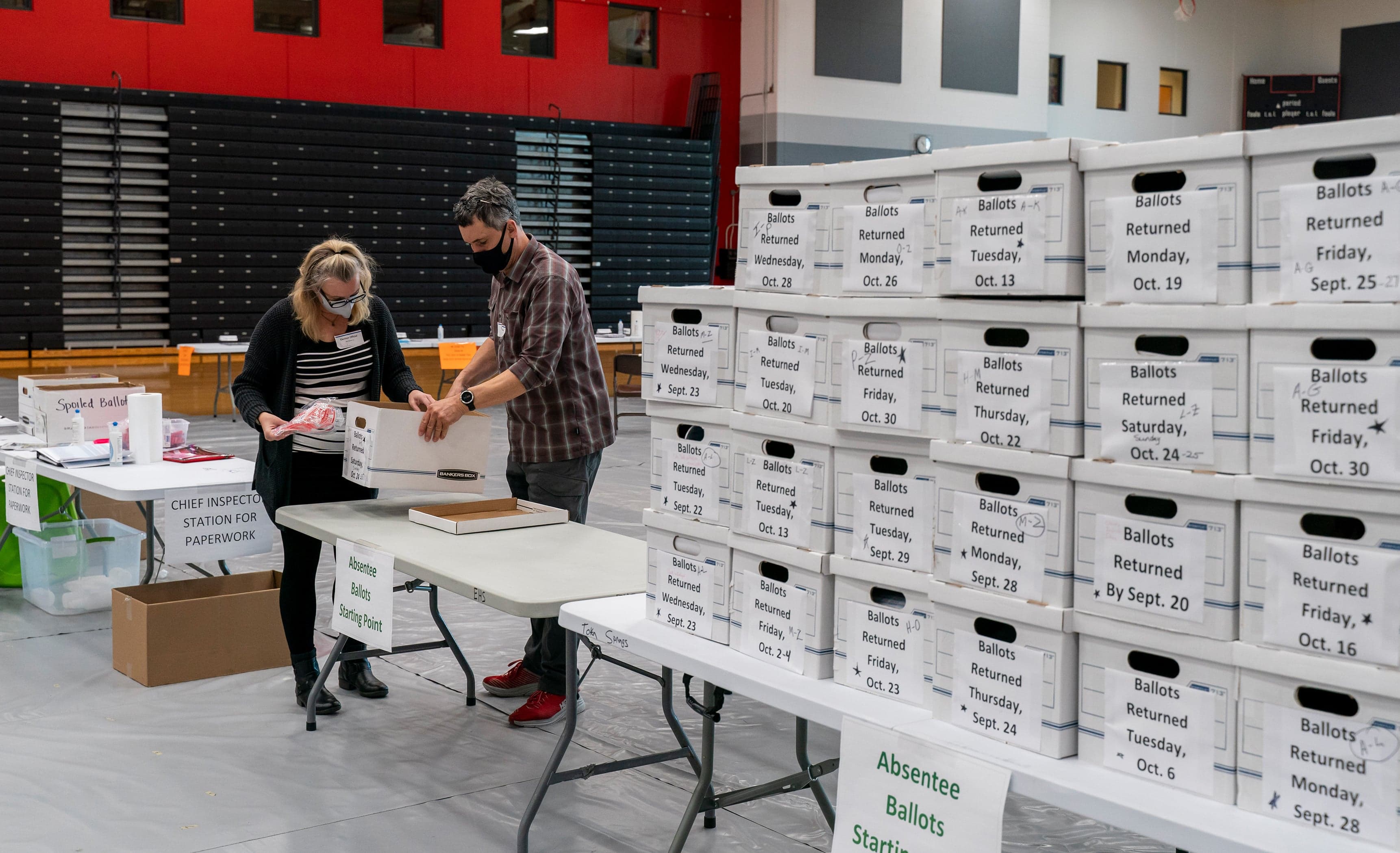 Poll workers Angela and Zach Achten check-in a box of absentee ballots in the gym at Sun Prairie High School on November 3, 2020 in Sun Prairie, Wisconsin. The entire gym was dedicated to counting the absentee ballots. (Andy Manis/Getty Images)