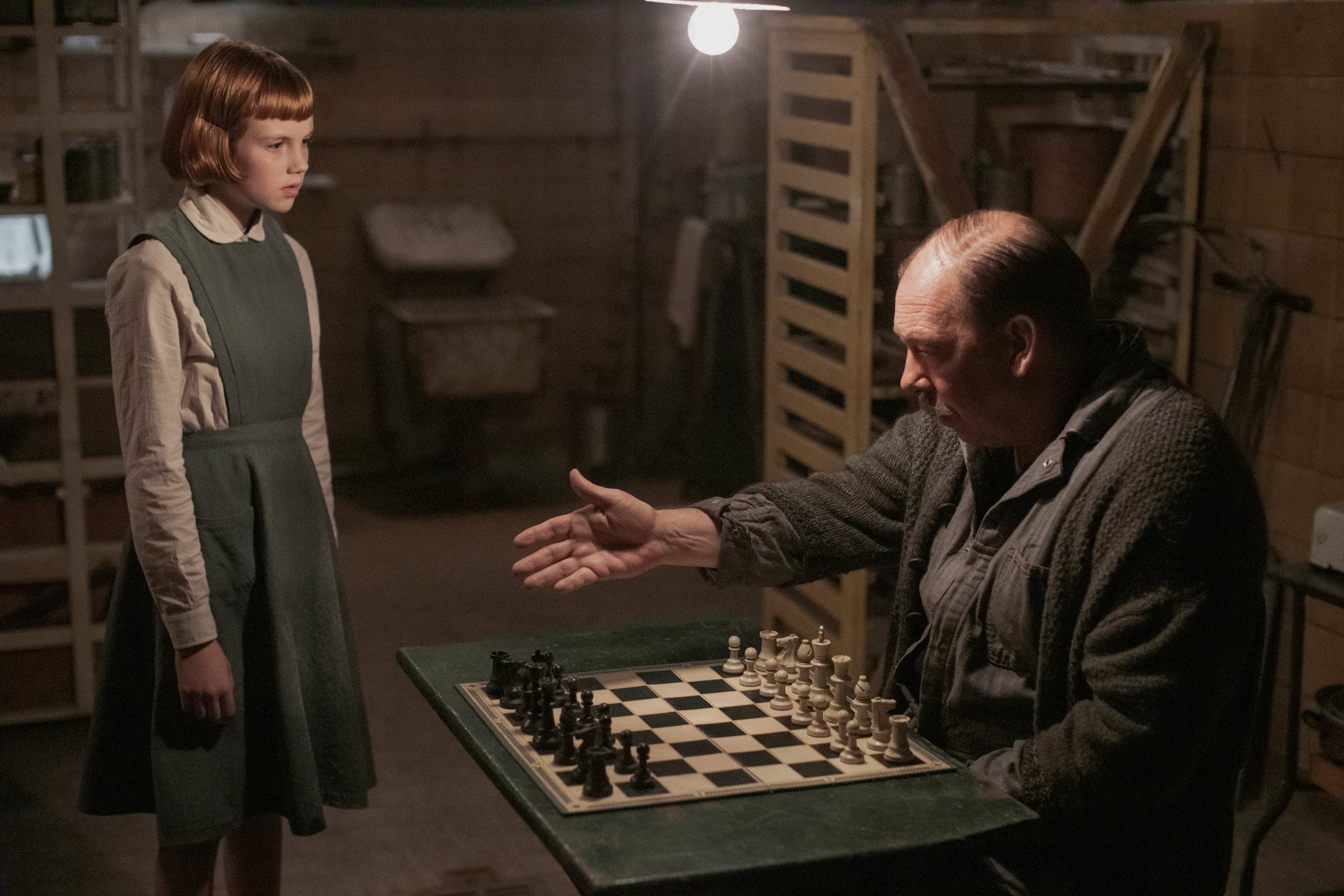 Isla Johnston as Beth and Bill Camp as Mr. Shaibel in episode 101 of The Queen's Gambit. (Phil Bray/Netflix)