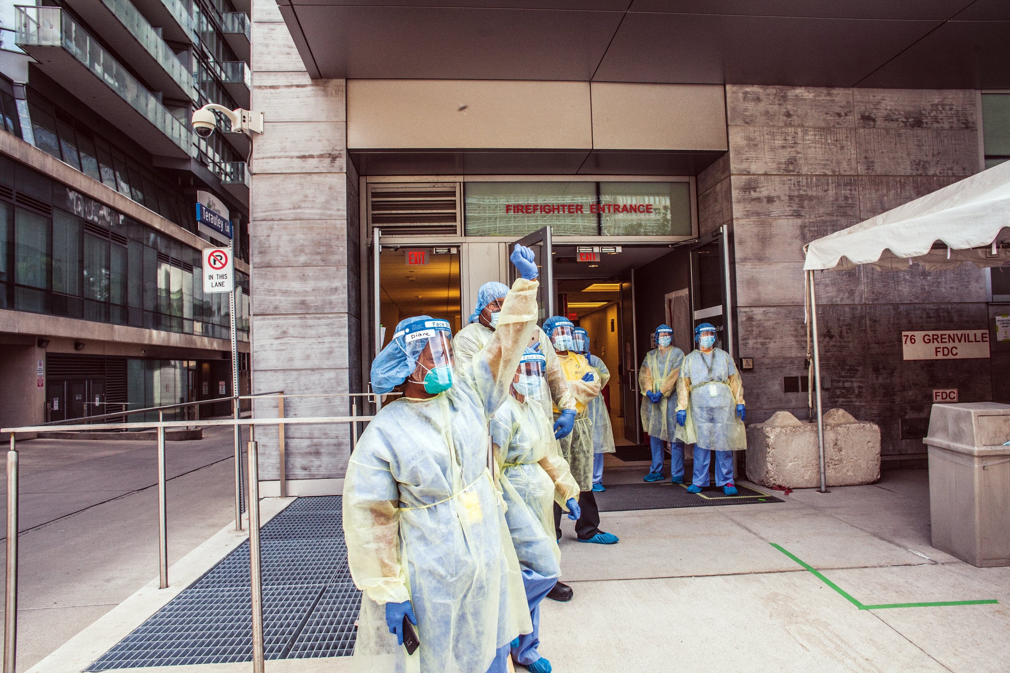 Health-care workers outside Women’s College Hospital in Toronto (Jay Watts)