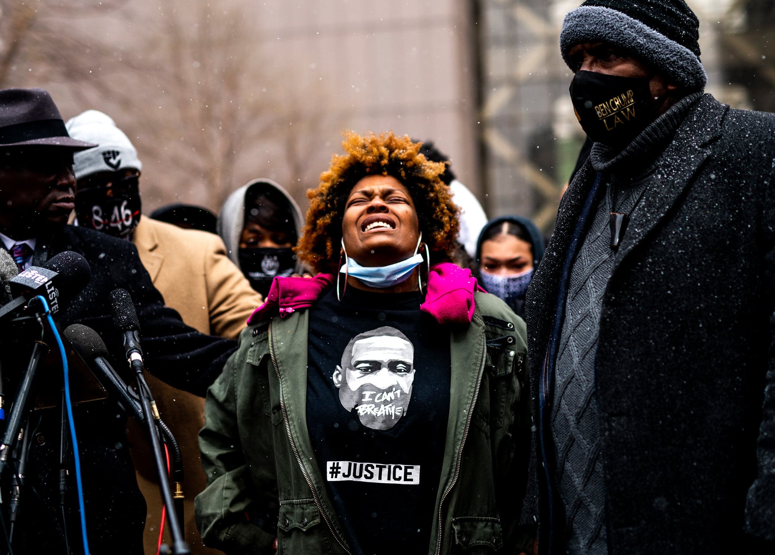 Naisha Wright (C), aunt of Daunte Wright, speaks as she is joined by members of George Floyd's family during a press conference outside the Hennepin County Government Center on April 13, 2021 in Minneapolis, Minnesota. Daunte Wright, 20, was shot and killed by Brooklyn Center police officer Kimberly Potter. (Stephen Maturen/Getty Images)