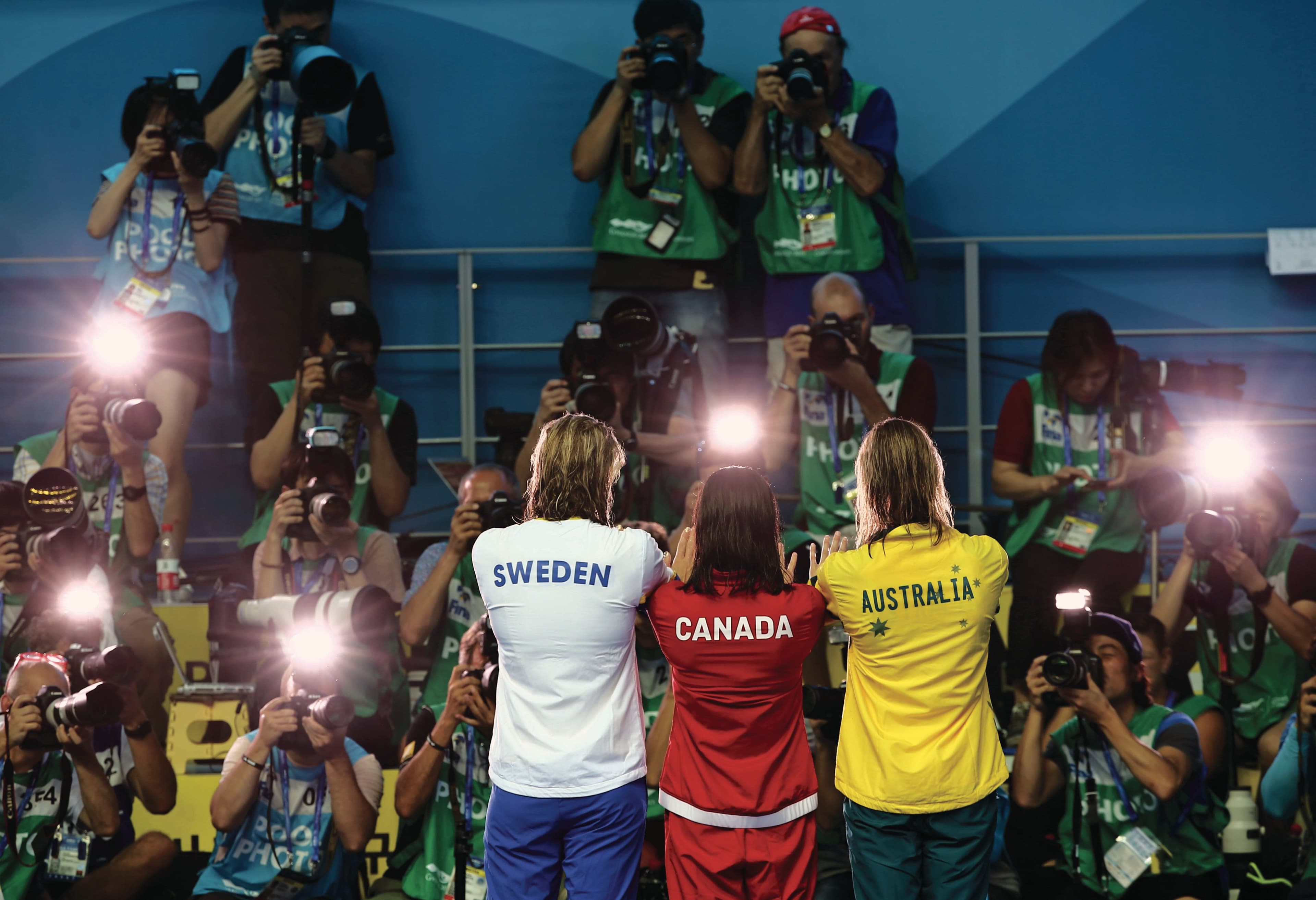Sjöström, Mac Neil and Emma McKeon at the 2019 world championship (Antonio Bronic/Reuters)