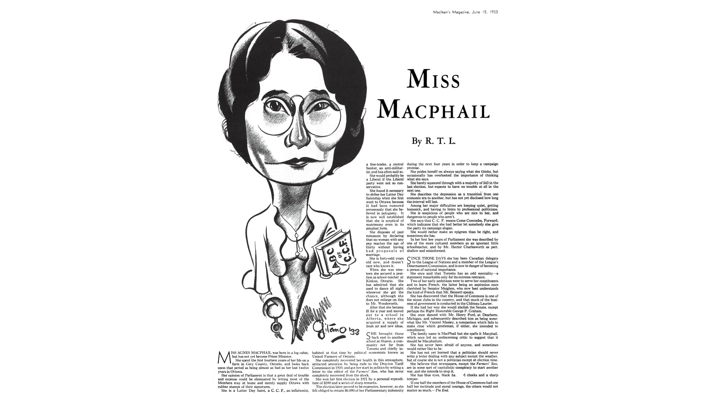 This 1933 profile of Agnes Macphail captures how the first woman MP was perceived