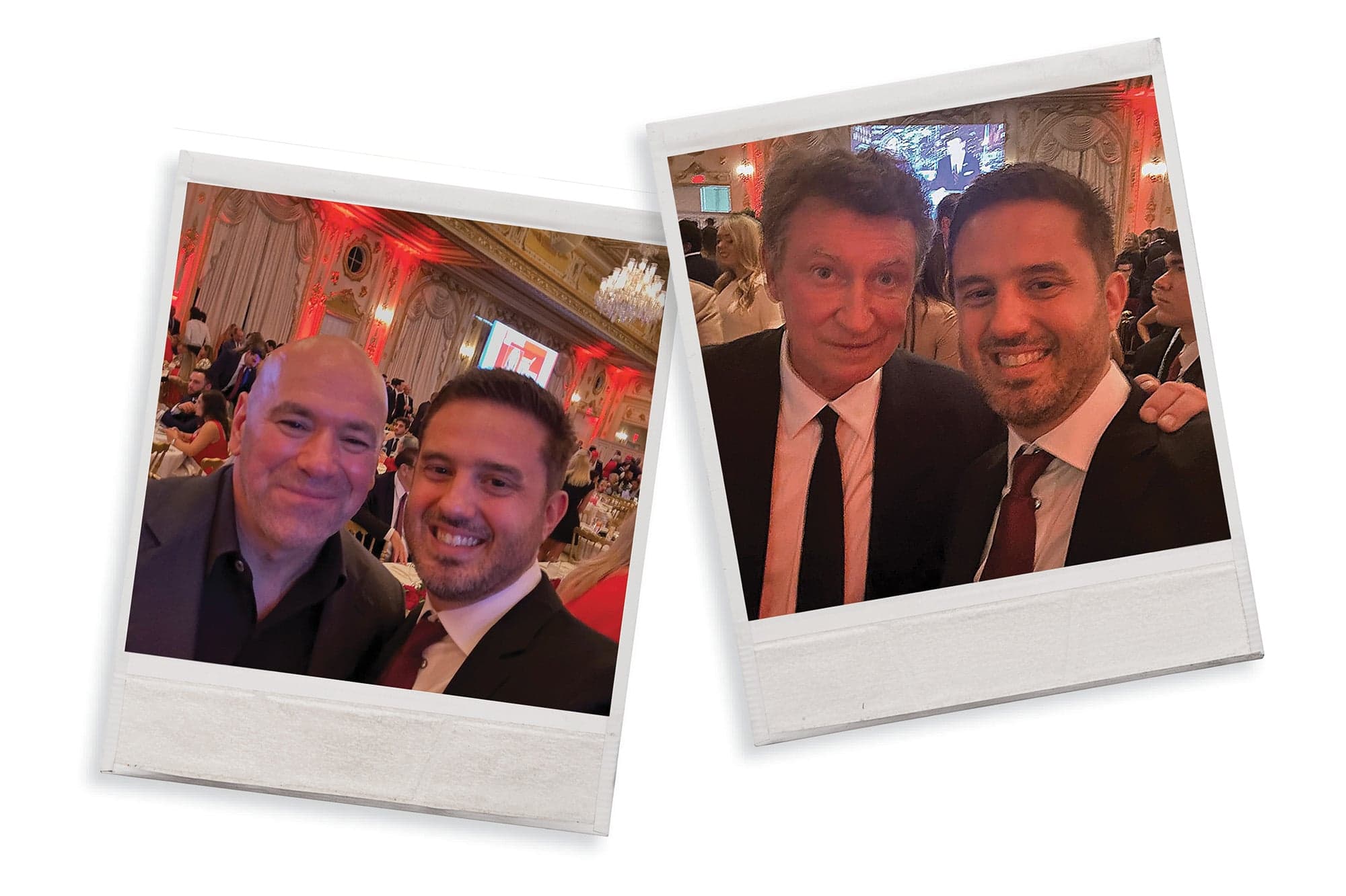 Polaroids of Chris Pavlovski with two other men in formalwear