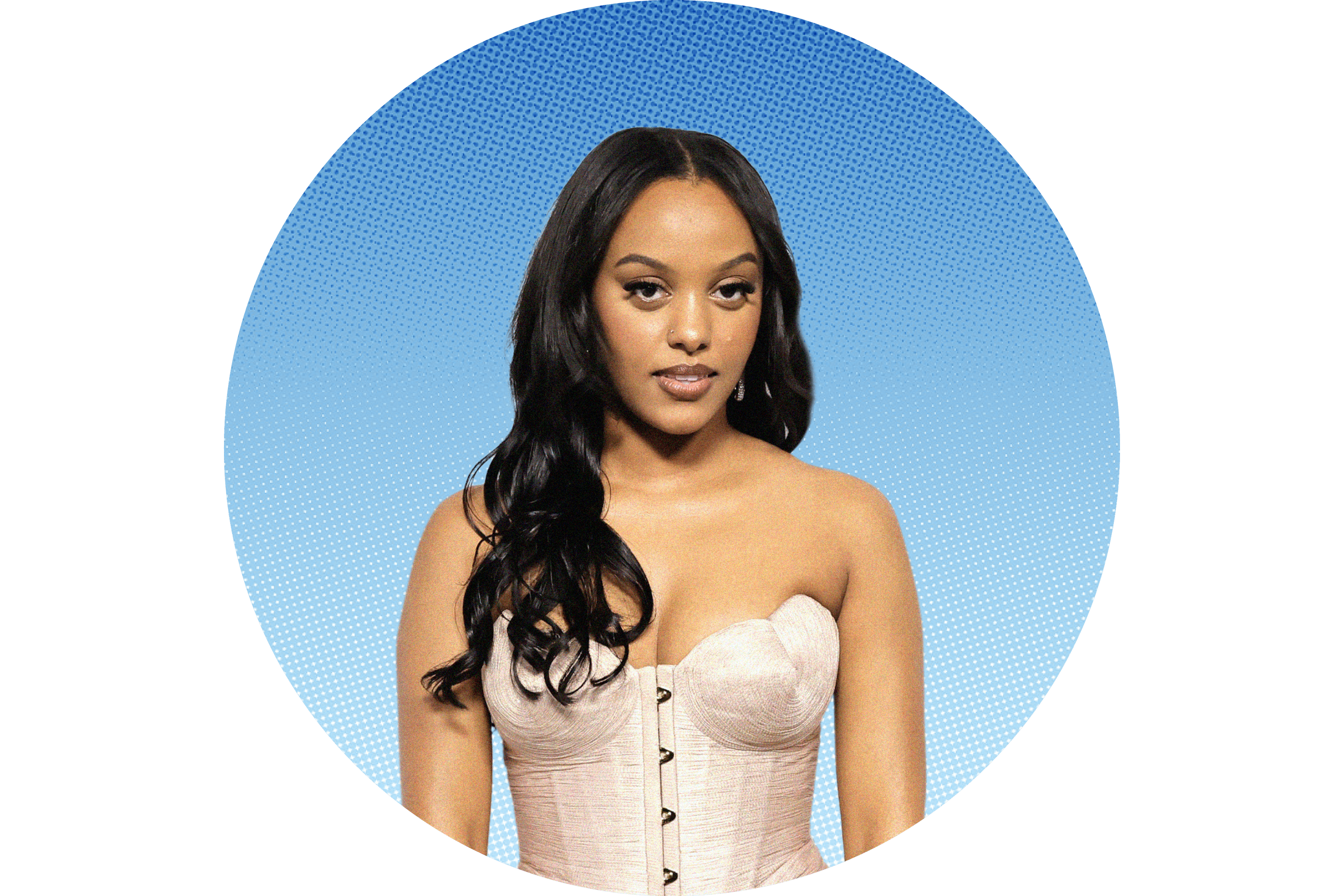 Ruth B in a satiny pink corset top