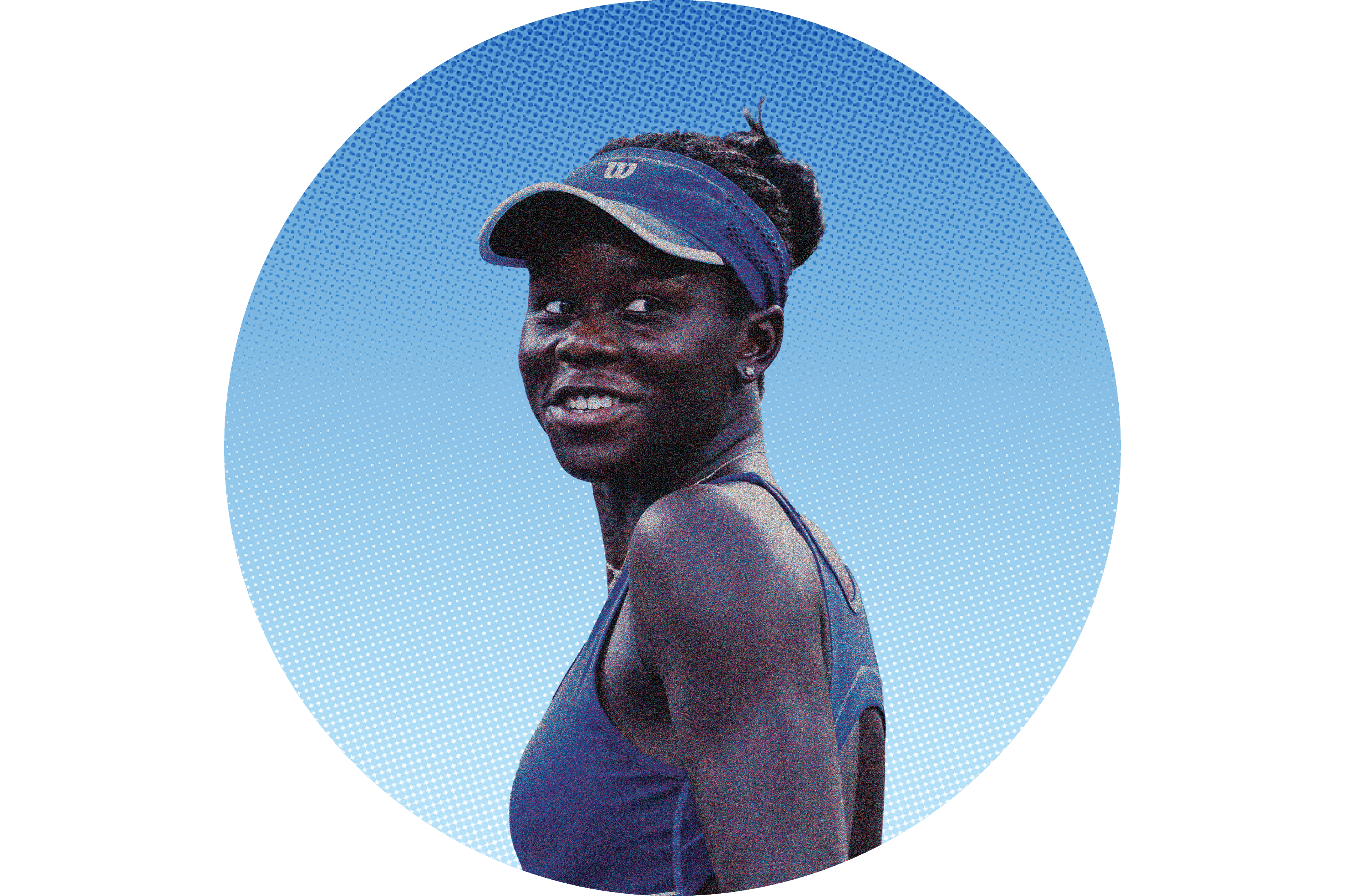 Victoria Mboko in a tennis cap and blue sports bra