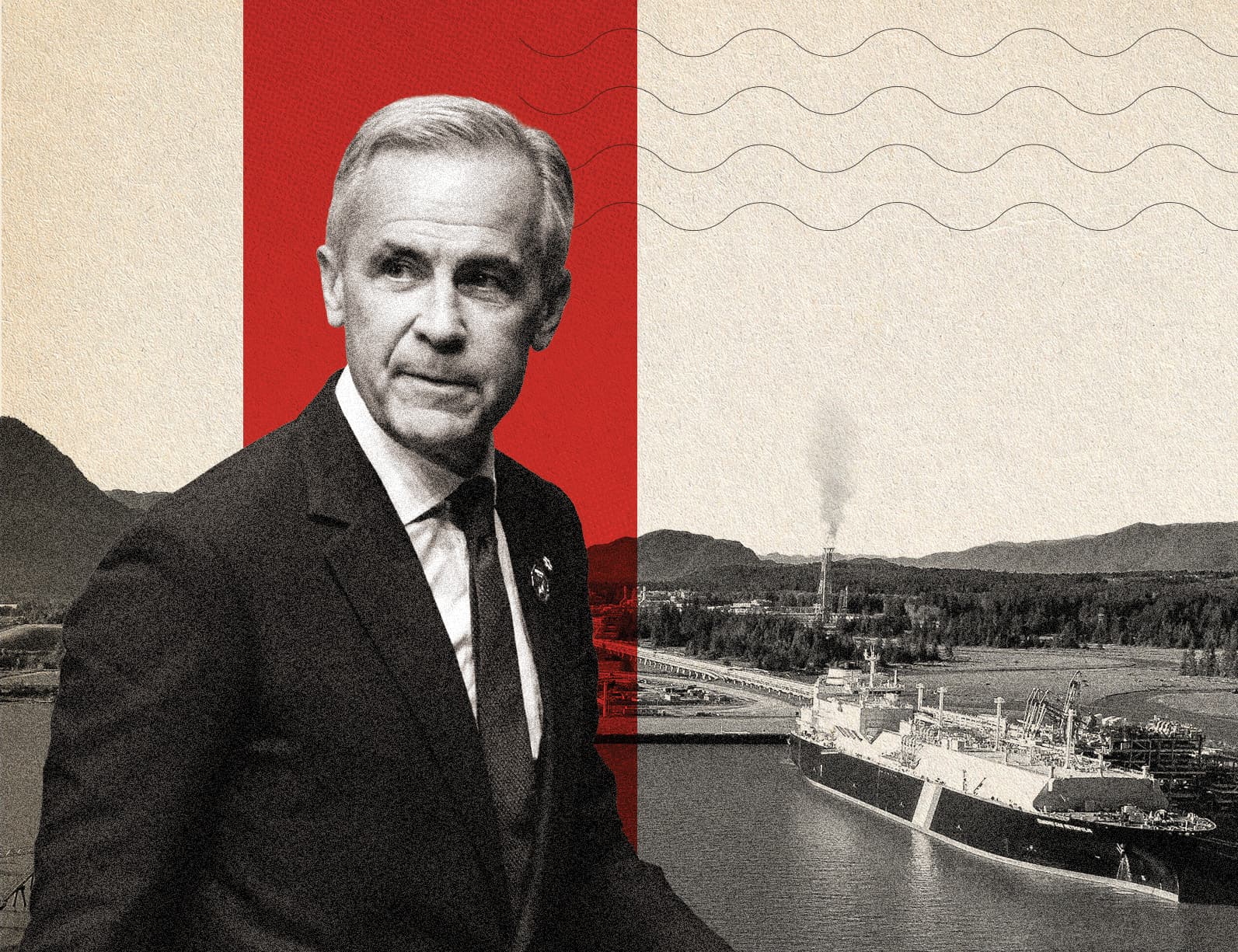 Prime Minister Mark Carney looking slightly to the right, while a boating dock is in the background