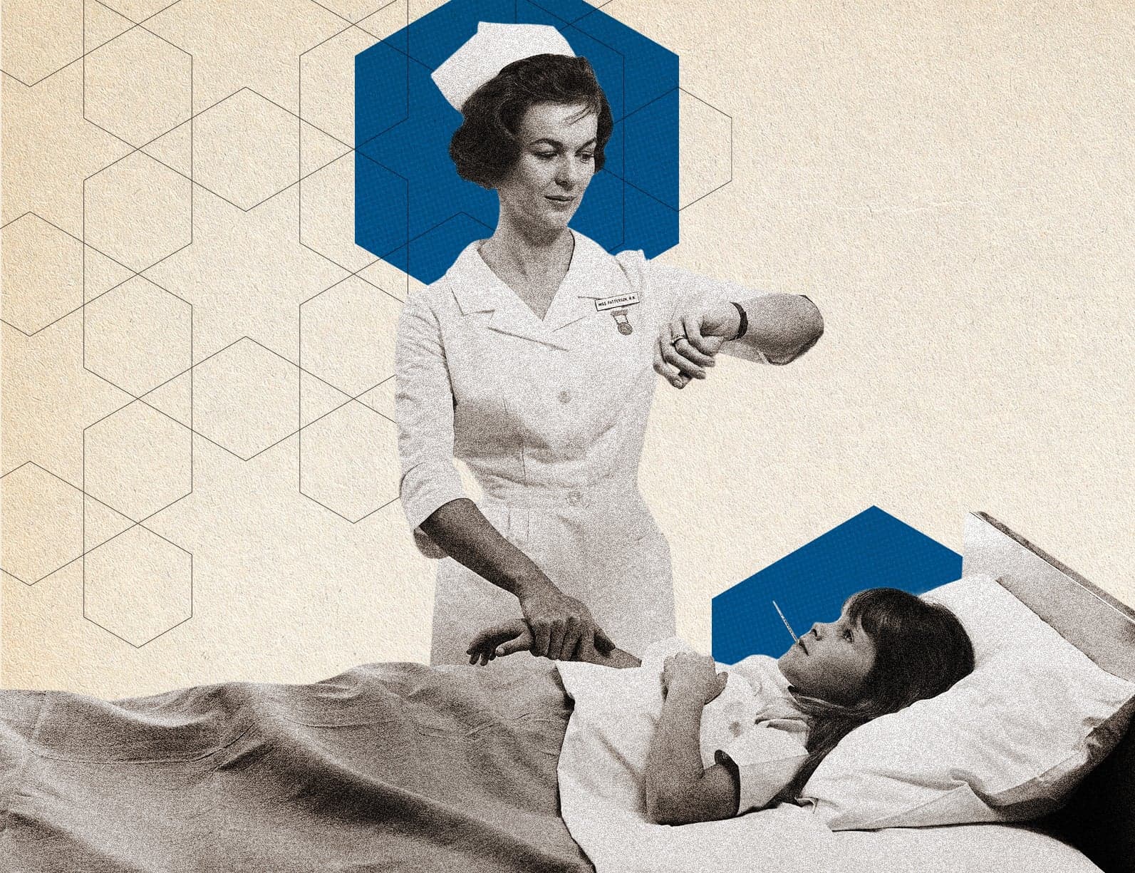 A young nurse checking the temperature of a little girl whom is laying on the bed