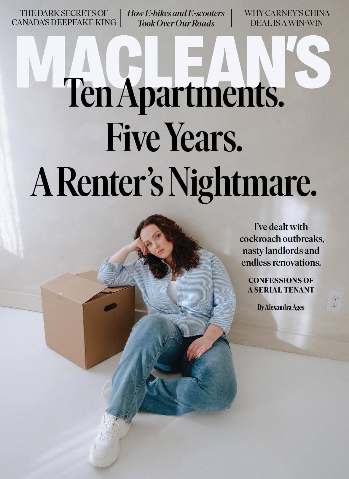 The cover of the April issue of Maclean's magazine, featuring the headline "Ten Apartments. Five Years. A Renter's Nightmare."