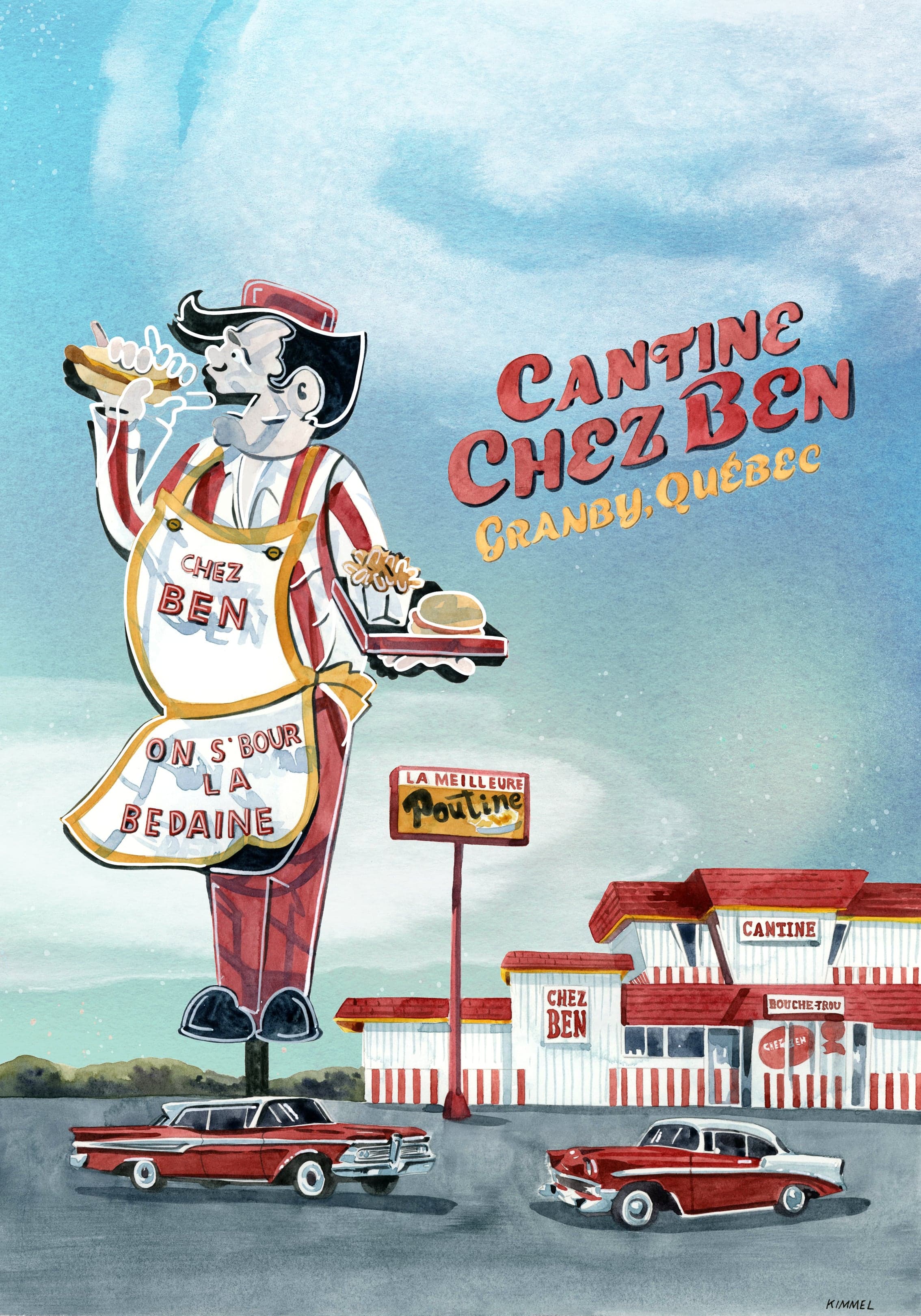 An illustration of Cantine Chez Ben, featuring a huge sign of a server holding a plate of fries