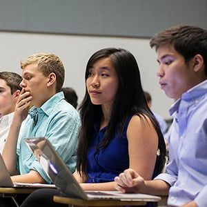 Stanford University students listen during their Technology Entrepreneurship class