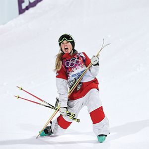 Canada&#8217;s Justine Dufour-Lapointe celebrates after winning the women&#8217;s freestyle skiing moguls final competition at the 2014 Sochi Winter Olympic Games in Rosa Khutor