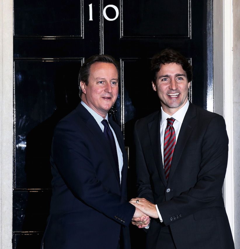 Britain&#8217;s Prime Minister David Cameron meets his Canadian counterpart Justin Trudeau outside of 10 Downing Street in London