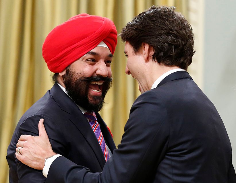 Canada&#8217;s new Innovation, Science and Economic Development Minister Navdeep Bains is congratulated by Prime Minister Justin Trudeau at Rideau Hall in Ottawa