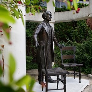 The statue of Prime Minister John A. Macdonald by artist Ruth Abernethy at Wilfrid Laurier University