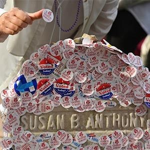 The grave of women?s suffrage leader Susan B. Anthony is covered with &#8220;I Voted&#8221; stickers left by voters in the U.S. presidential election
