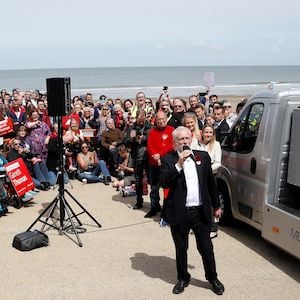 Britain&#8217;s opposition Labour Party leader, Jeremy Corbyn, speaks at an election rally in Colwyn Bay