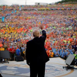 U.S. President Donald Trump waves after delivering remarks at the 2017 National Scout Jamboree in Summit Bechtel National Scout Reserve, West Virginia, U.S.,