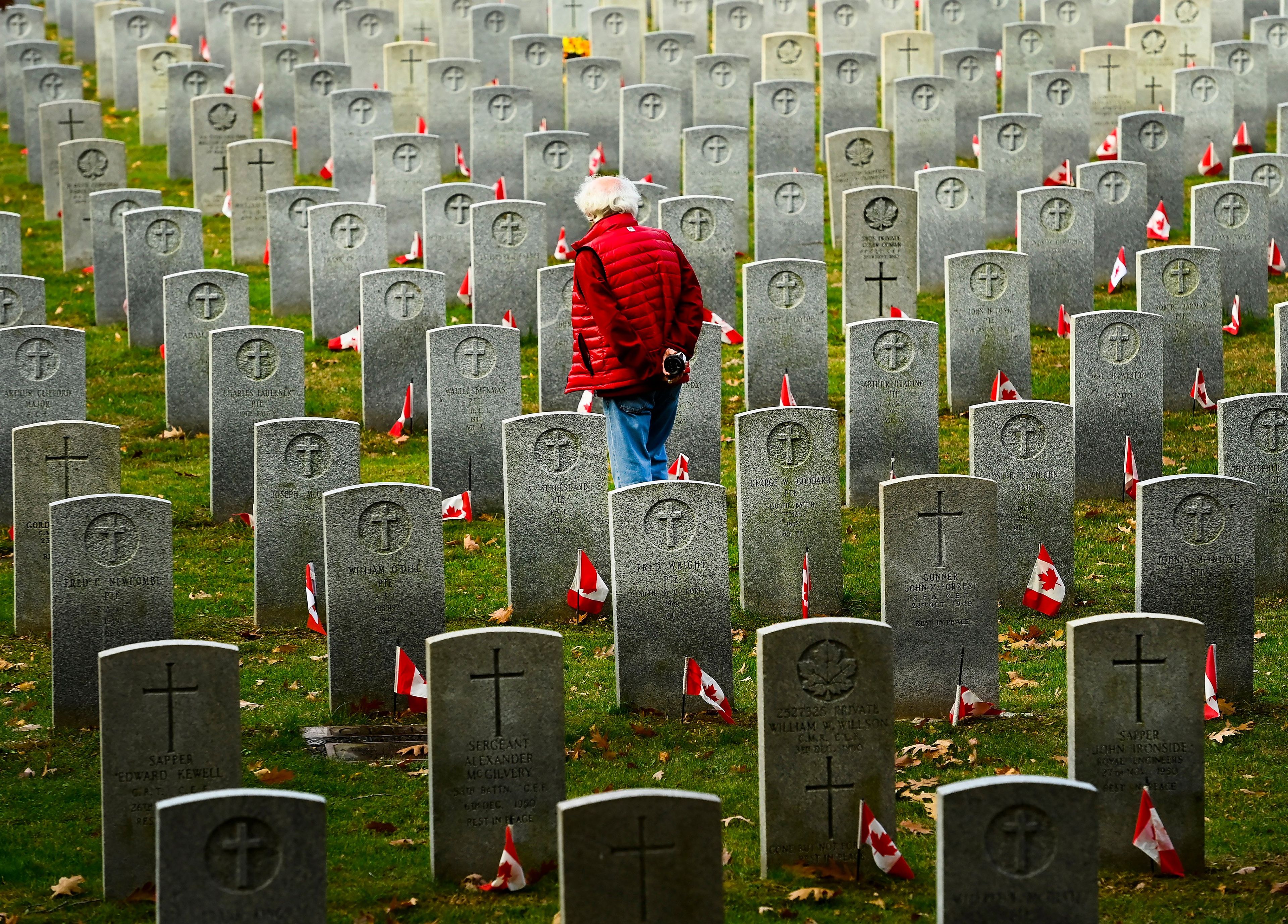 George McMenemy, 72, walks through the field of honour for fallen Canadian military war veterans at the Woodland Cemetery on Remembrance Day during the COVID-19 pandemic in Burlington, Ontario, Wednesday, Nov. 11, 2020. (Nathan Denette/CP)