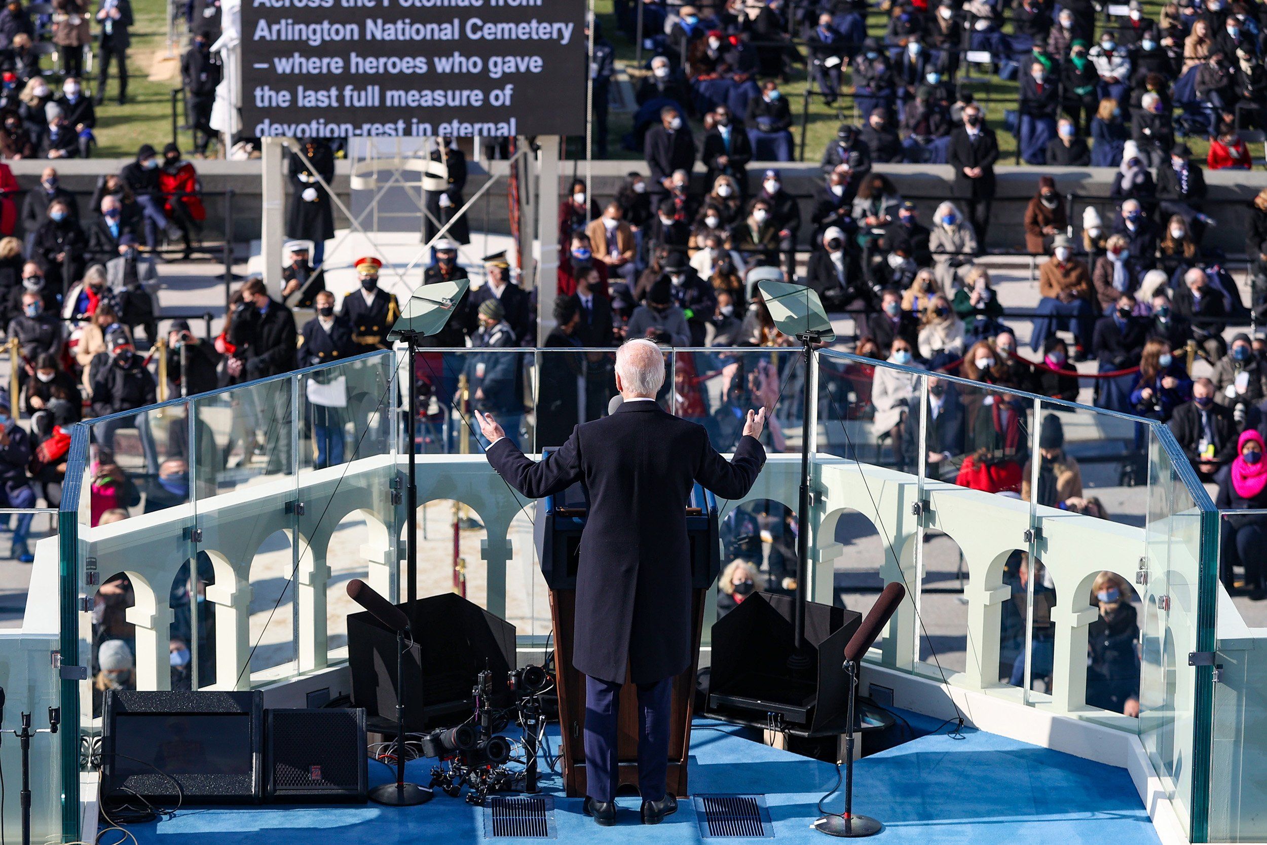 WASHINGTON, DC - JANUARY 20: U.S. President Joe Biden delivers his inaugural address on the West Front of the U.S. Capitol on January 20, 2021 in Washington, DC. During today's inauguration ceremony Joe Biden becomes the 46th president of the United States. (Photo by Tasos Katopodis/Getty Images)