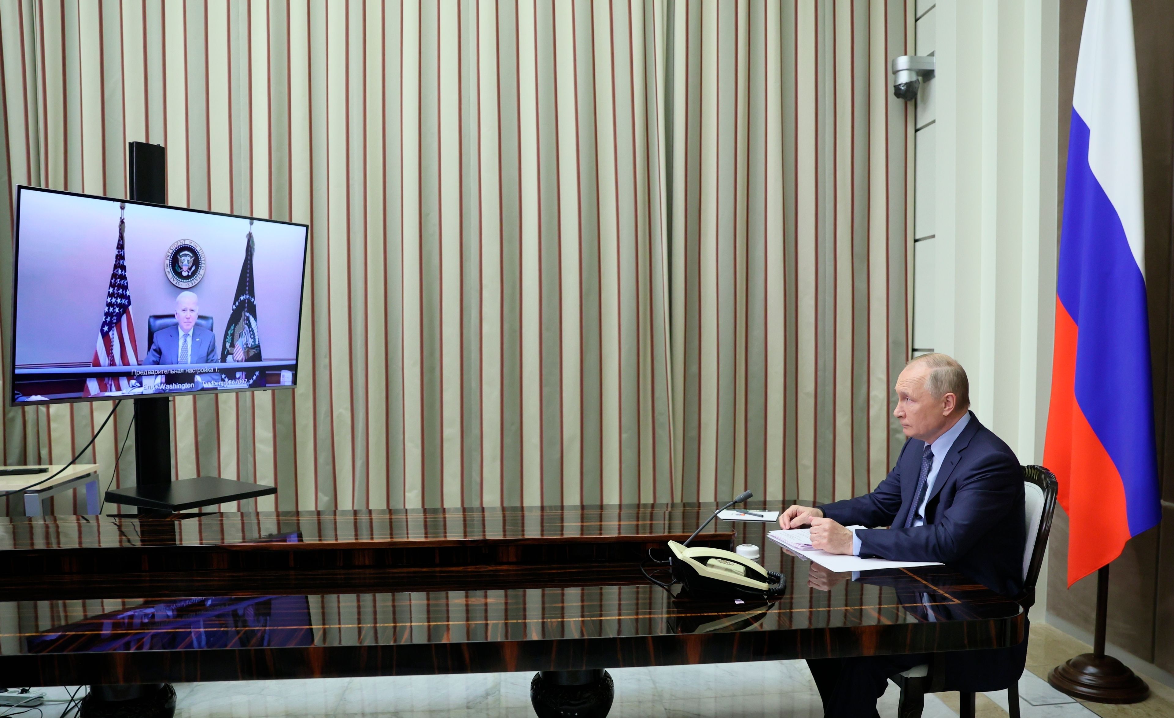 Putin is shown during his talks with Biden via videoconference in the Bocharov Ruchei residence in the Black Sea resort of Sochi, Russia, on Dec. 7, 2021 (CP/Mikhail Metzel, Sputnik, Kremlin Pool Photo via AP)