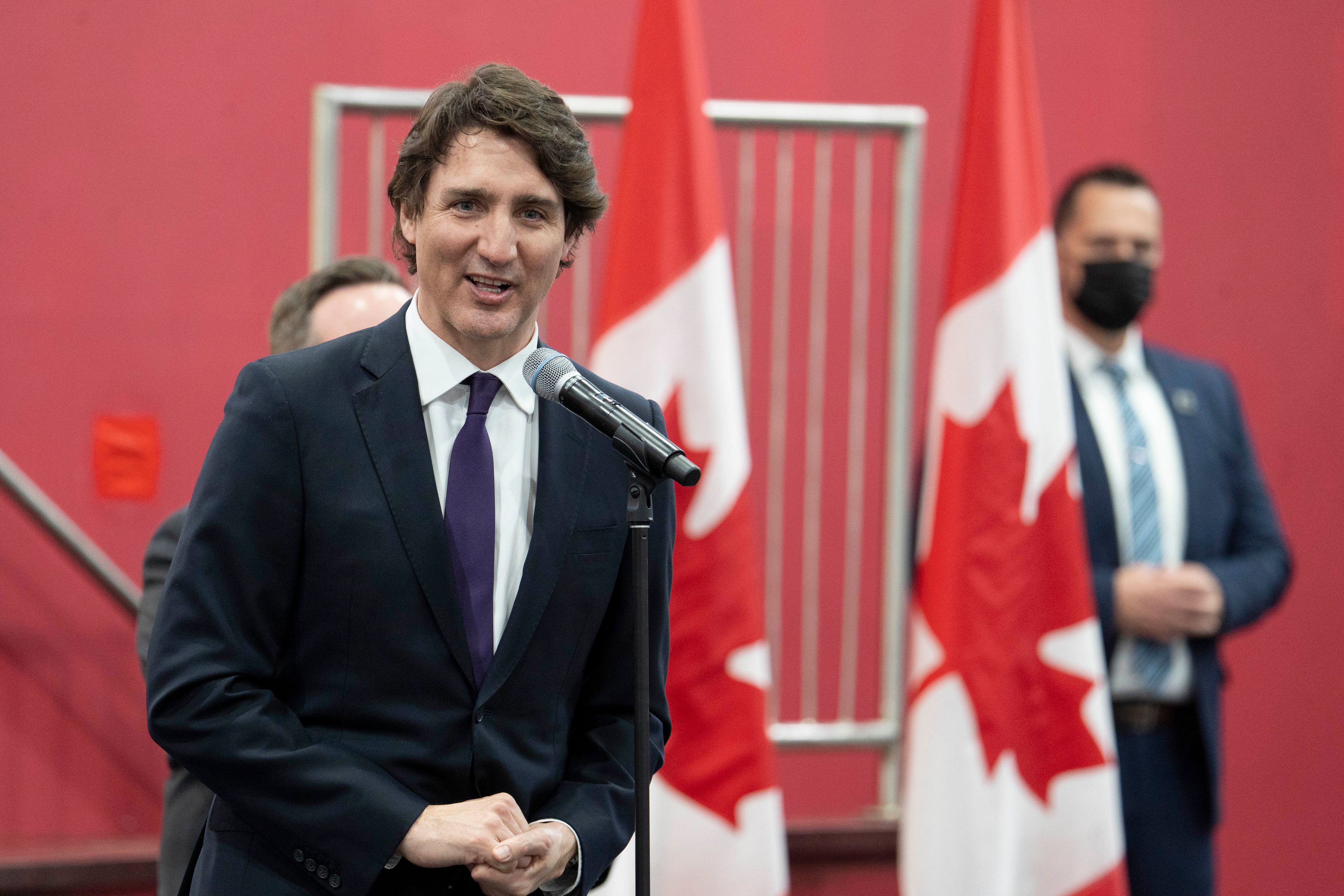 Trudeau addresses a gathering of students, parents, and staff during a visit to the International School of Cambridge in Cambridge, Ont., April 20, 2022. (Peter Power/The Canadian Press)