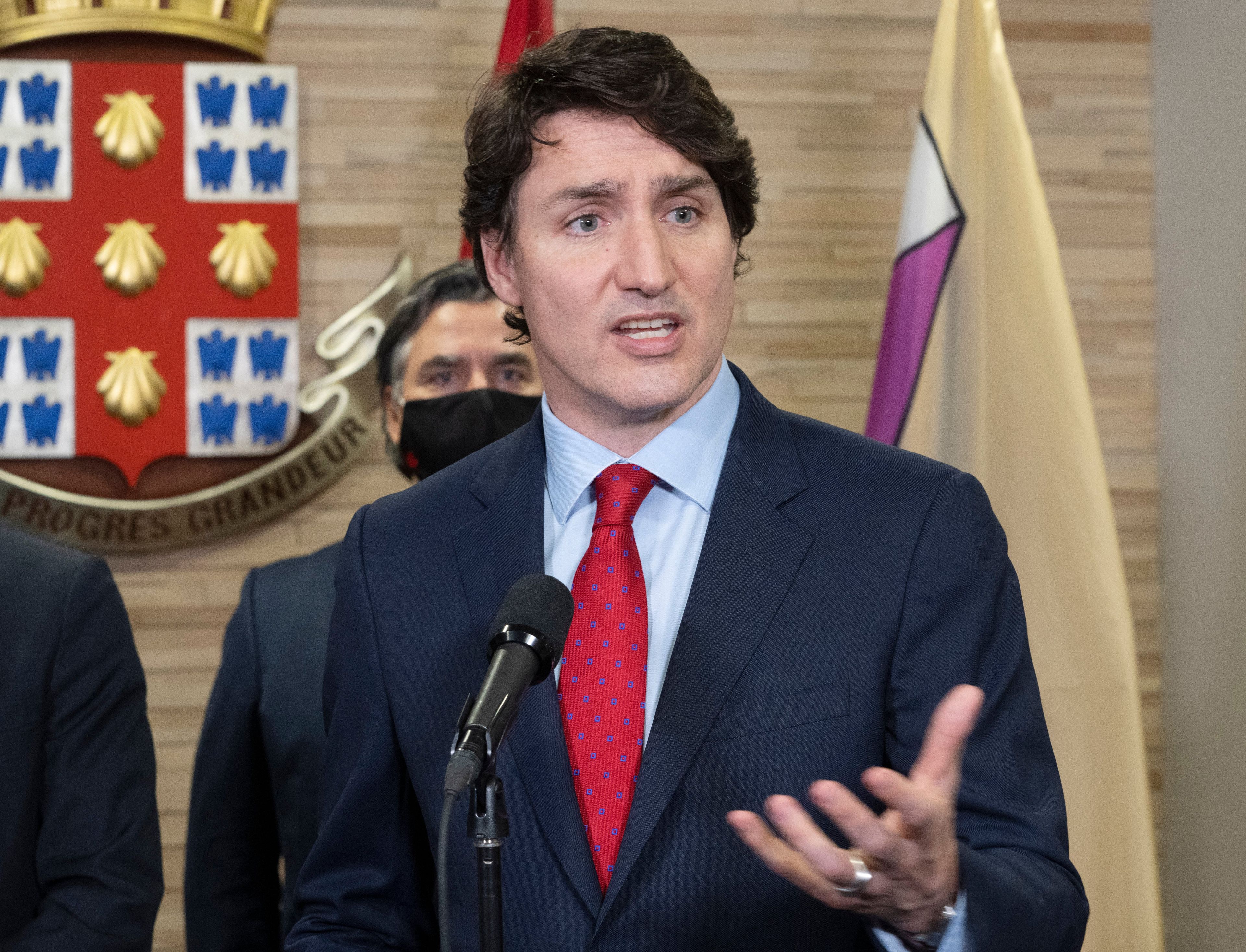 Trudeau speaks to the media during a news conference, April 13, 2022 in Laval, Que. (Ryan Remiorz/The Canadian Press)