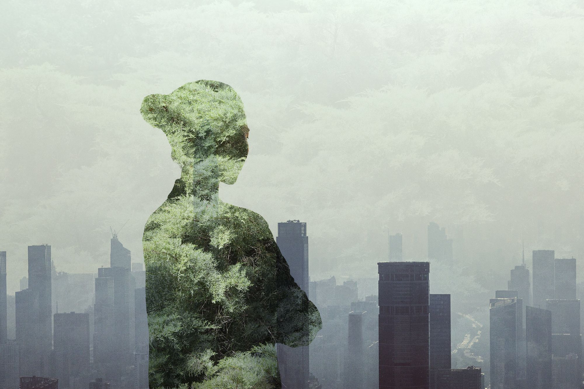 Young Chinese adult woman person standing with ideas in contemplation and absence in smog urban city reflection with nature trees, multi-layered effect, in silhouette, shadow, rear view, waist up, composite image, women