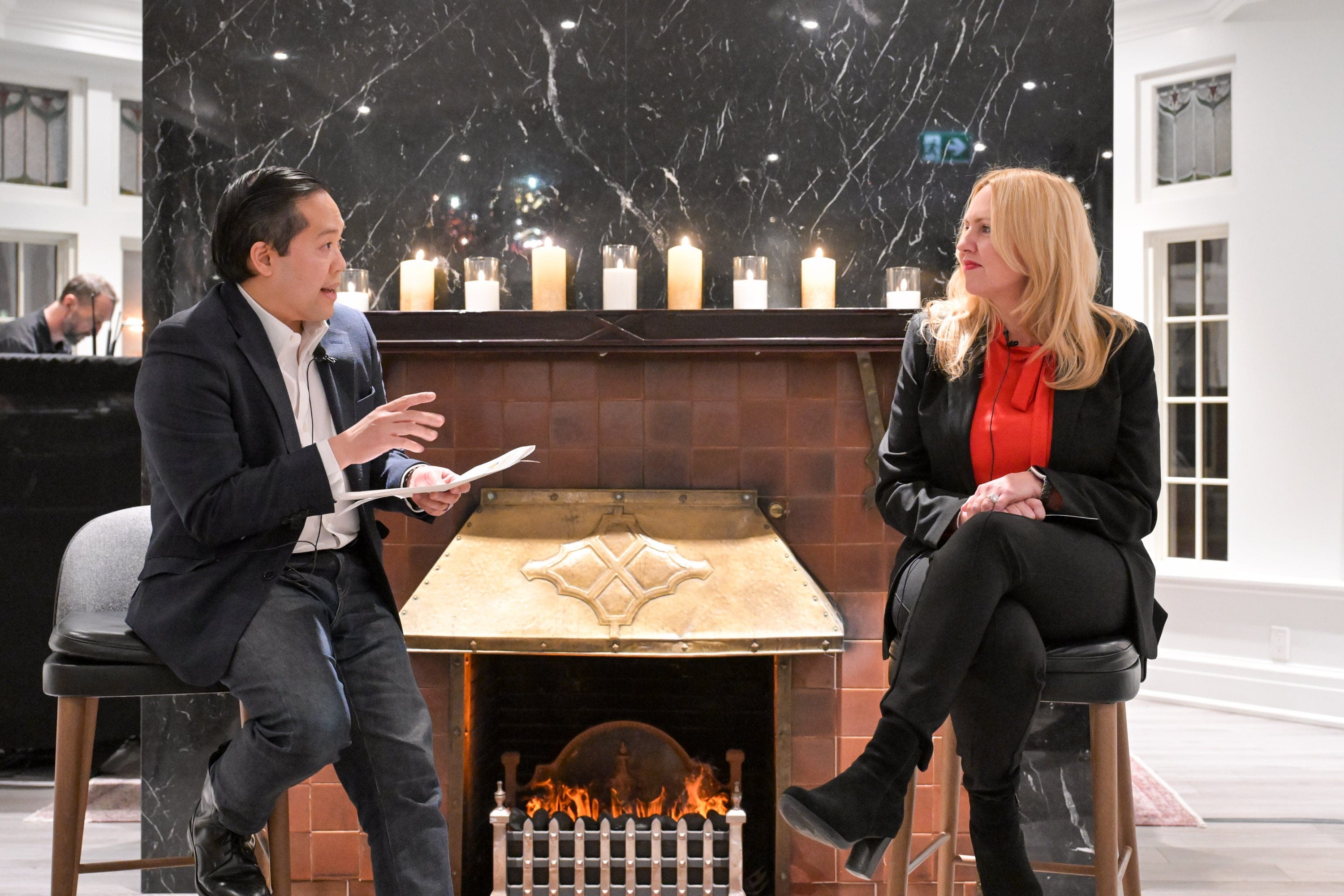 Jason Maghanoy, publisher of Maclean’s (left) and Erin Elofson, president, Mastercard, Canada (right) at the 2026 Maclean’s Ideas Summit
