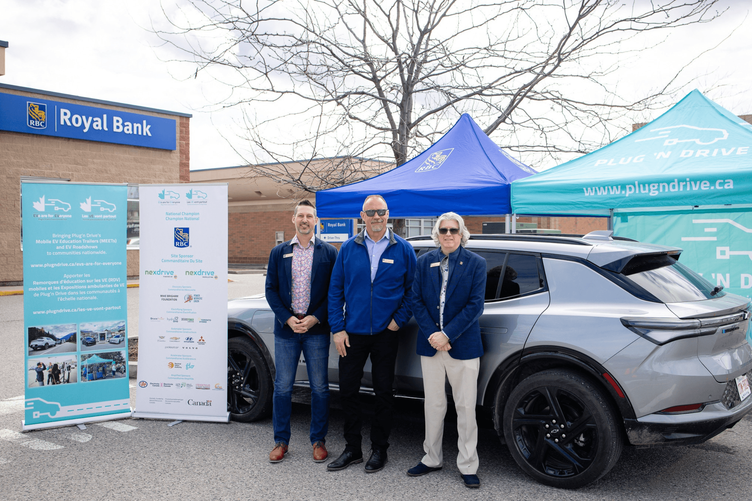 From left to right, Trevor Shuttleworth, Cary Lehmberg, and Ray Warren of RBC at the Western Canada tour kickoff event in Kelowna, BC. Plug’n Drive’s "EVs are for EVeryone Tour", Championed by RBC, is making stops in over 50 cities across Canada over the next two years.